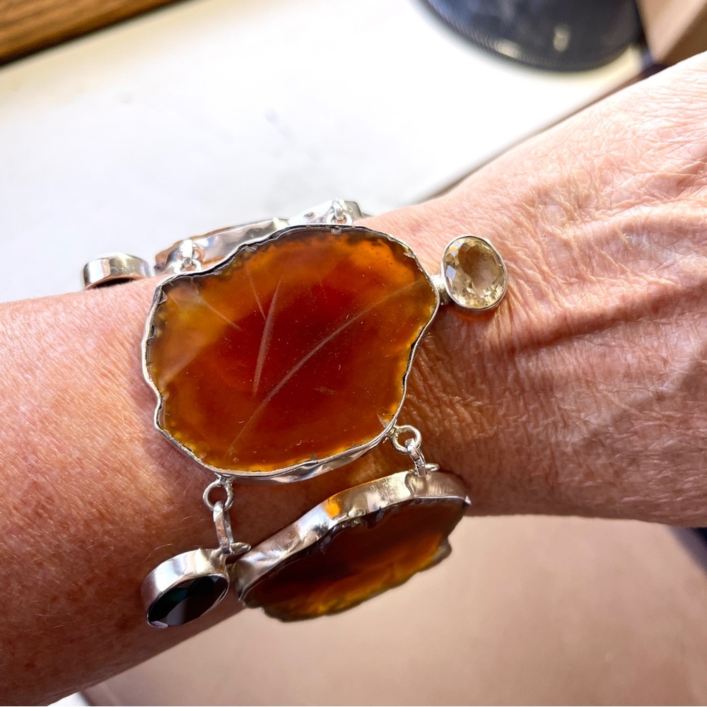 Golden Agate Slab Bracelet Sterling Smoky Topaz Citrine Faceted Gems